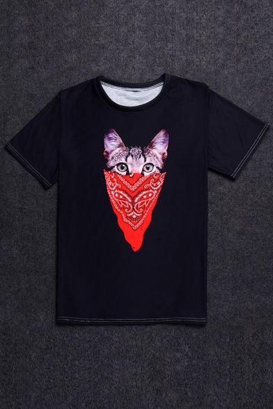Hot Fashion Cartoon Cat Printed Round Neck Short Sleeve T-Shirt