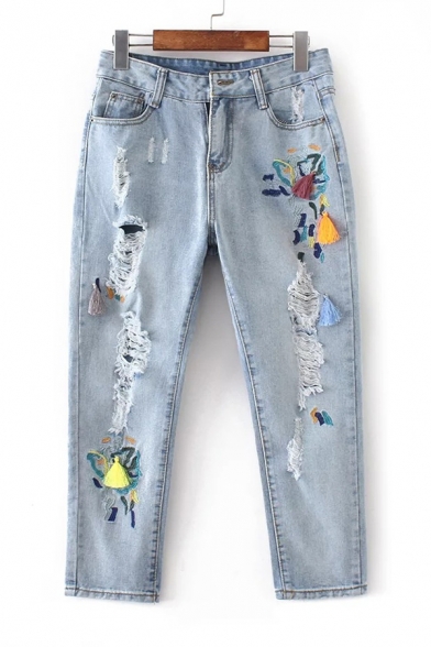 New Fashion Embroidered Tassel Inserted Ripped Cut Out Capri Jeans