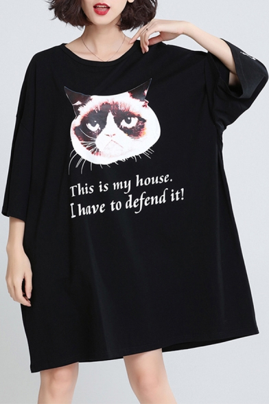 Round Neck Batwing Sleeve Letter Cat Printed Cotton Loose Oversize T-Shirt Dress