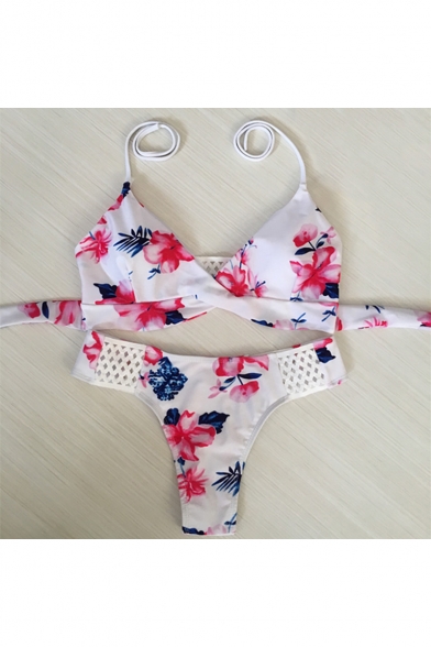 Sexy Lace Patchwork Halter Tied Back Wrap Front Floral Printed Bikinis