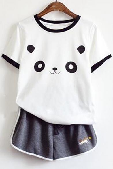 Cartoon Cat Printed Round Neck Short Sleeve Color Block T-Shirt with Sports Shorts