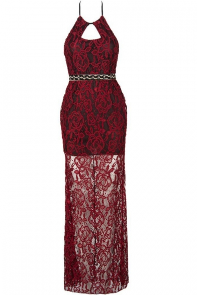 Elegant Halter Sleeveless Cutout Front Plain Lace Maxi Cami Dress
