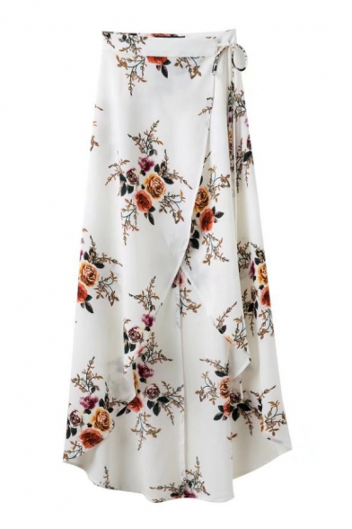 Floral Pattern Tie Waist Asymmetrical Midi Wrap Skirt