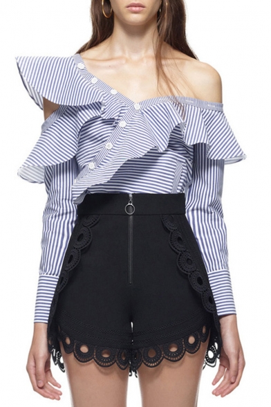 New Stylish Asymmetric Ruffle Front Striped Color Block Button Down Shirt