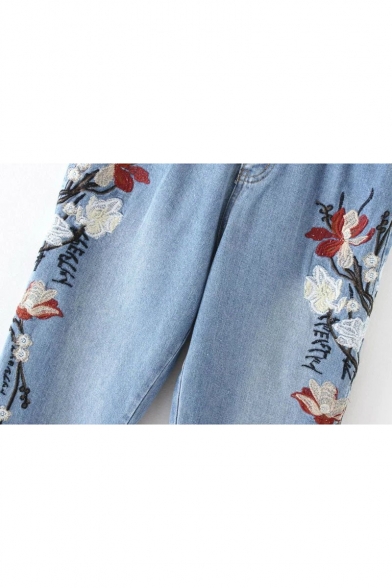Side Floral Embroidered High Waist Basic Leisure Jeans