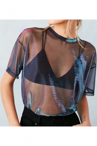 Summer's New Collection Round Neck Short Sleeve Sheer Mesh Metal Color T-Shirt