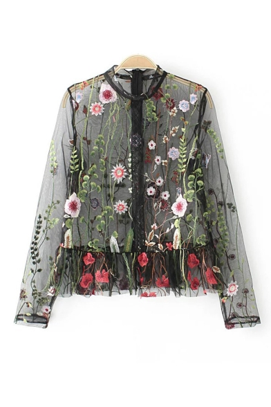 Women's Sheer Zip Back Long Sleeve Embroidery Floral Pattern Blouse