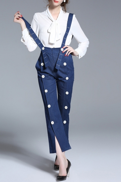 Women's Split Cuffs Striped Cropped Denim Overalls with Buttons