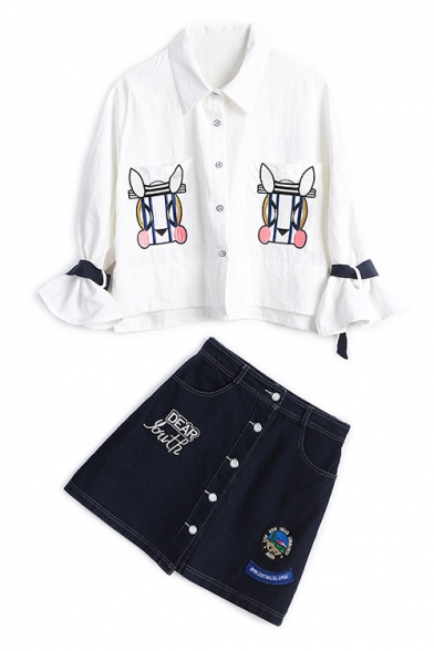 Cartoon Embroidered Lapel Collar Shirt Top Fashion A-Line Mini Denim Skirt Set