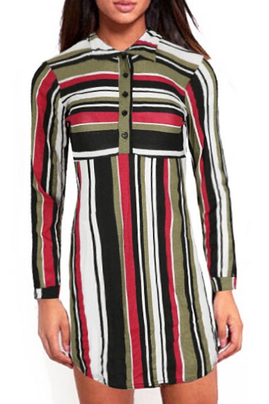 Color Block Striped Printed Lapel Collar Long Sleeve Buttons Down Shirt Dress