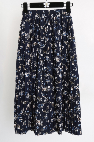 Fashion Elastic Waist Floral Printed Maxi Pleated Skirt