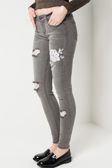 Floral Embroidered Ripped Cut Out Mid Waist Plain Skinny Jeans