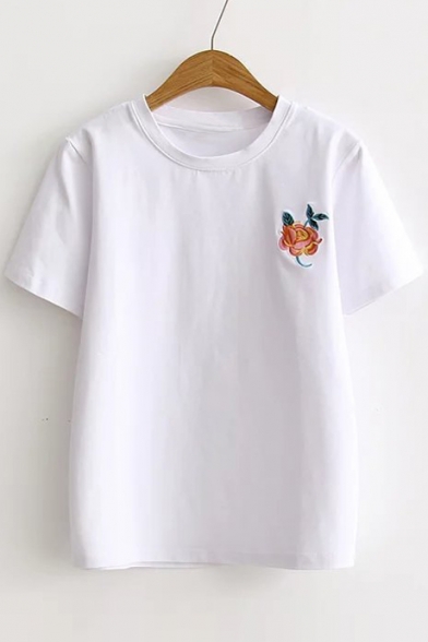 Fresh Basic Floral Embroidered Round Neck Short Sleeve Pullover Leisure T-Shirt