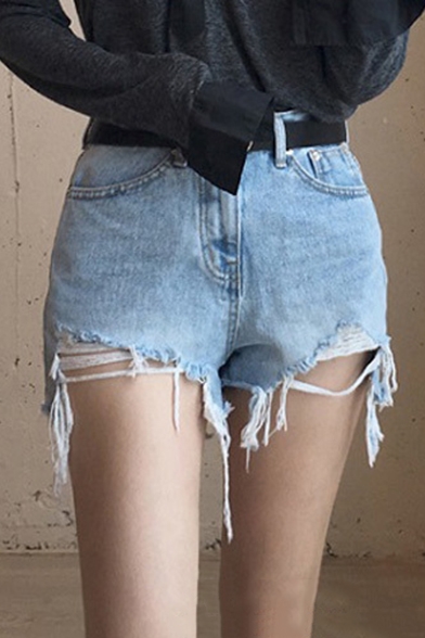 New Arrival Summer's High Rise Ripped Hem Hot Pants Denim Shorts
