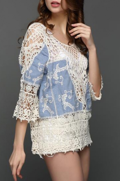 Round Neck 3/4 Sleeve Crochet Hollow Out Cover Up Pullover Blouse