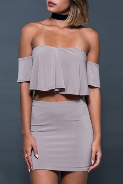 Sexy Off the Shoulder Short Sleeve Ruffle Blouse with Mini Bodycon Skirt Plain Co-ords