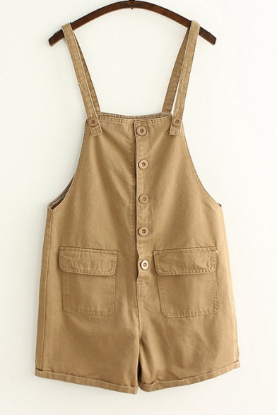 Buttons Down Casual Leisure Cotton Plain Overalls with Pockets