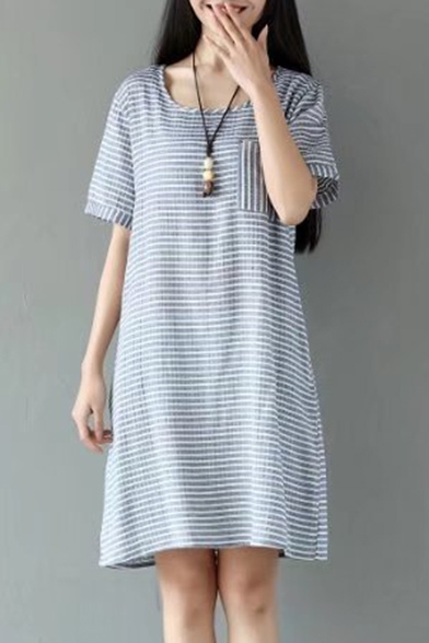 Casual Short Sleeve Scoop Neck Striped Mini T-Shirt Dress