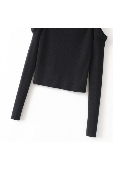 Fashion Cold Shoulder Round Neck Long Sleeve Plain Cropped Pullover Sweater
