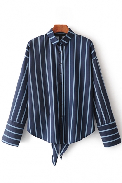 Fashion Striped Color Block High Low Hem Single Breasted Lapel Long Sleeve Shirt