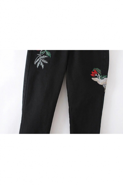 Floral Crane Embroidered Black Skinny Jeans