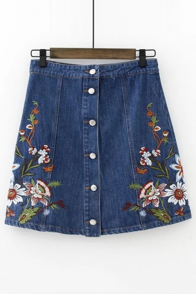 Floral Embroidered Buttons Down Summer's A-Line Mini Denim Skirt
