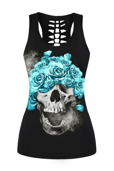 Floral Skull Printed Hollow Out Back Casual Sports Tank Top