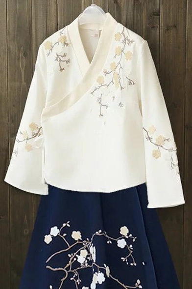 New Arrival Floral Embroidered Wrap V Neck Long Sleeve Kimono Blouse