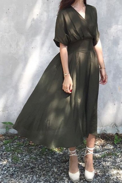 New Fashion Elegant V Neck Short Sleeve Plain Chic A-Line Maxi Dress
