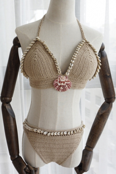 New Fashion Halter Neck Knit Scallop Trim Plain Open Back Bikini Swimwear