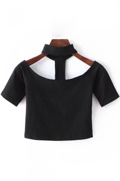 New Fashion Halter Neck Short Sleeve Plain Cropped Slim T-Shirt