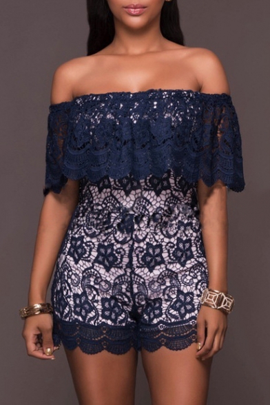 Off The Shoulder New Arrival Short Sleeve Lace Inserted Rompers