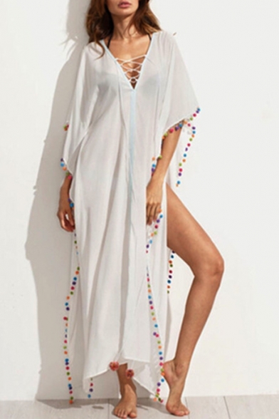 Sexy Lace-Up V-Neck Pom-Pom Tassel Split Sides Short Sleeve Plain Maxi Dress