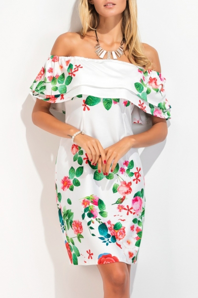 Sexy Off the Shoulder Sleeveless Floral Printed Ruffle Front Mini Dress