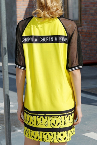 Sheer Mesh Short Sleeve Round Neck Color Block Cartoon Printed Mini T-Shirt Dress