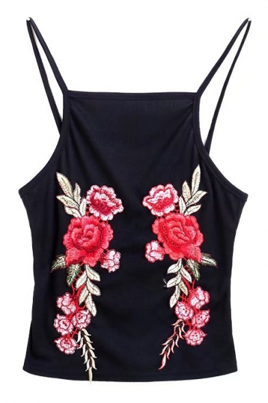 Vintage Floral Rose Embroidered Spaghetti Straps Cami Top