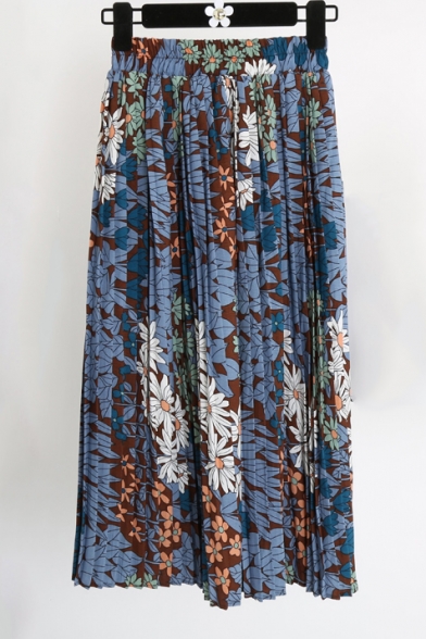 Women's Floral Printed Color Block Maxi Pleated Skirt