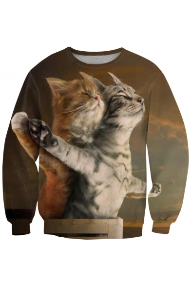 Lovely Couple Cat Printed Round Neck Long Sleeve Pullover Leisure Sweatshirt