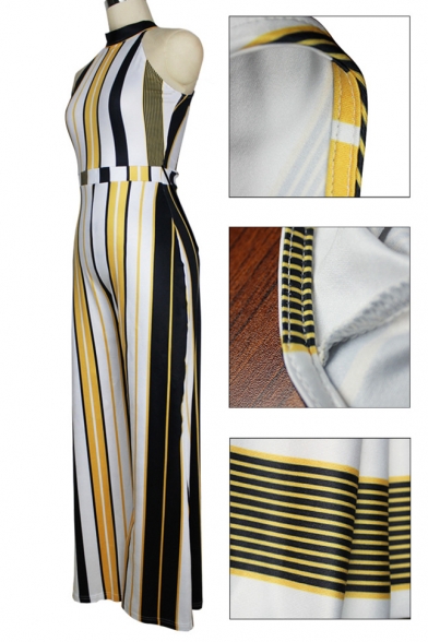 New Arrival Halter Neck Bow Back Color Block Striped Printed Wide Legs Jumpsuits