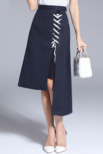 New Arrival Lace-Up Front High Low Asymmetric Hem Striped Midi Skirt