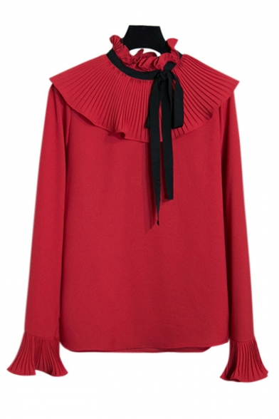 New Arrival Pleated Ruffle Tie Neck Long Sleeve Bell Cuffs Plain Blouse