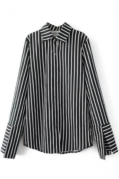 New Fashion Long Sleeve Lapel Collar Vertical Striped Printed Shirt Dress