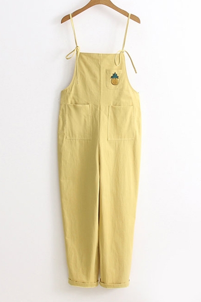 Pineapple Embroidered Spaghetti Straps Leisure Overalls with Pockets