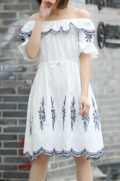 Sexy Off the Shoulder Short Sleeve Contrast Printed Scallop Trim Midi Dress