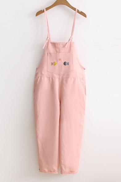 Summer's Cartoon Fish Embroidered Wide Legs Overalls with Pockets