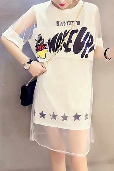 Summer's Layered Round Neck Short Sleeve Letter Printed Leisure T-Shirt Dress