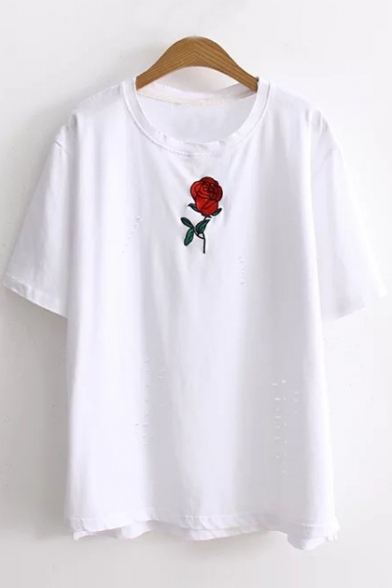 Summer's New Collection Floral Embroidered Round Neck Short Sleeve Casual Tee