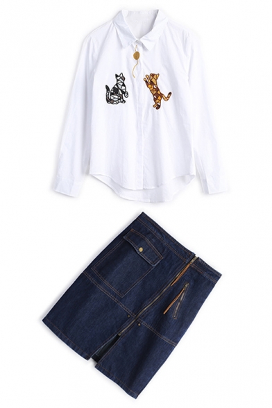 Cartoon Cat Embroidered Long Sleeve Buttons Down Shirt Zip Fly Denim Skirt Set