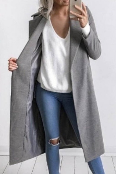 Fashion Lapel Long Sleeve Open Front Plain Tunic Woolen Coat