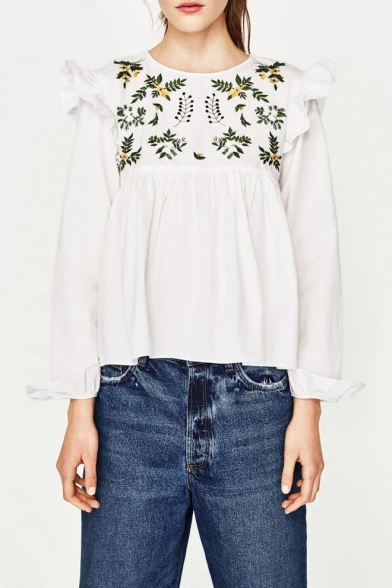 Floral Embroidered Ruffle Hem Round Neck Long Sleeve Leisure Pullover Blouse